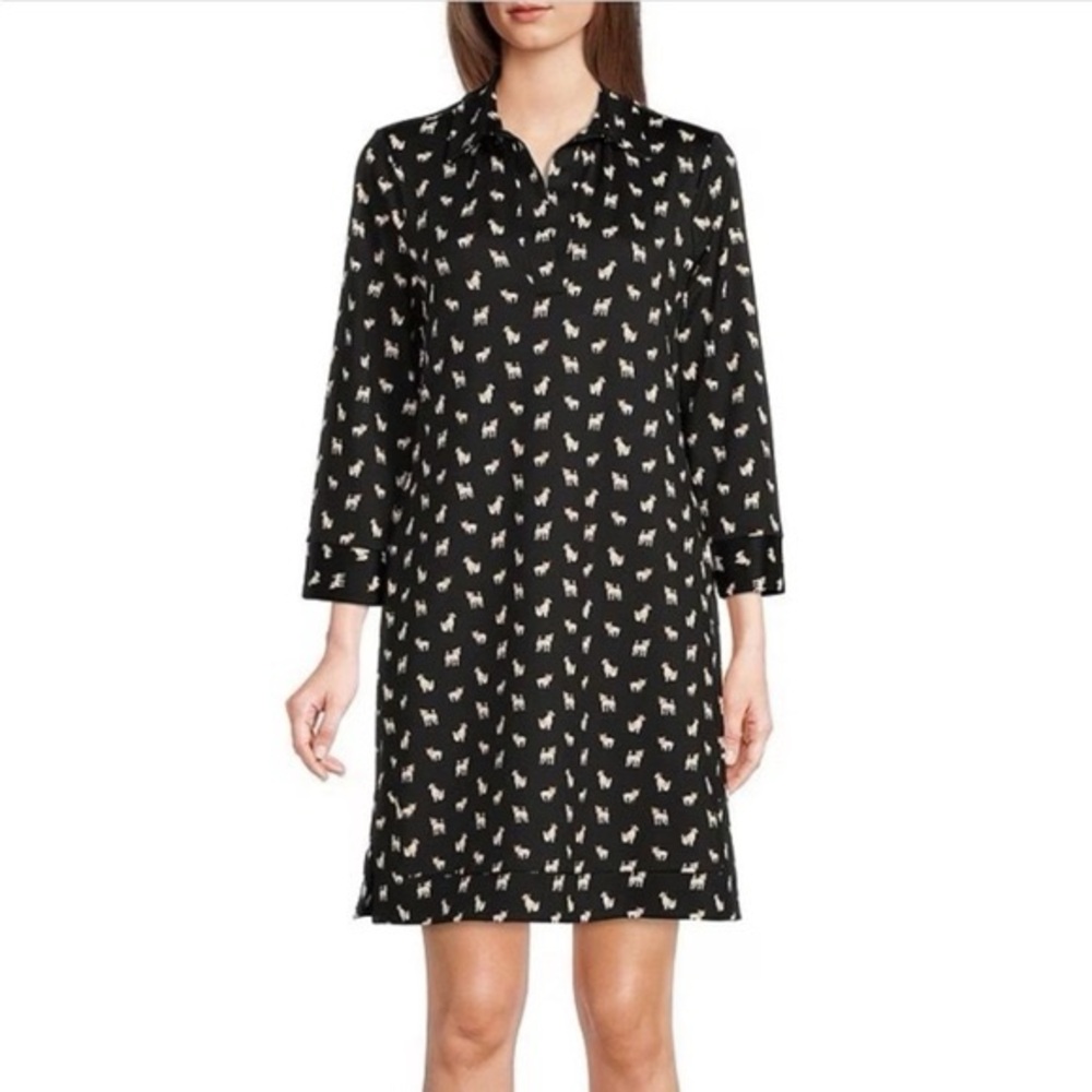Jude Connally Jack Russell Terrier Print Black Spandex Shirt Dress Size XS